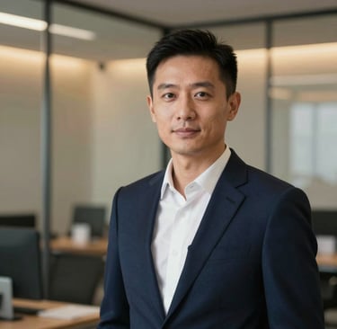 A sophisticated professional portrait of Ruihan in a high-tech modern office. The lighting is cinematic with warm amber glows (#E2B941) reflecting off glass surfaces. The attire is sharp and modern, and the overall color palette emphasizes deep navy (#0A1128) and crisp whites (#F5F8FA).