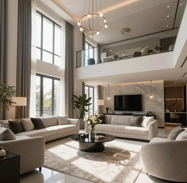A stylish urban apartment with modern decor and a view of the city skyline