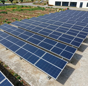 Maintenance team inspecting photovoltaic panels in a sunny field