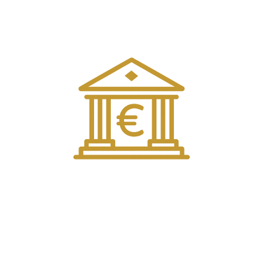 Gold bank icon with an Euro symbol inside a classical building outline on a black background.