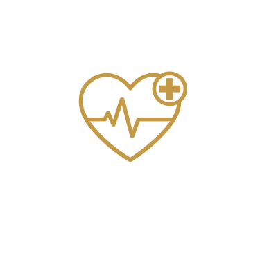 Gold heart icon with heartbeat line and plus sign representing health insurance and medical care.