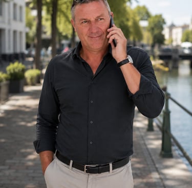 A middle-aged man in a black button-down shirt talking on a smartphone while walking along a sunny canal path.