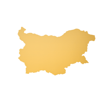 A gold map of Bulgaria centered on a solid black background.