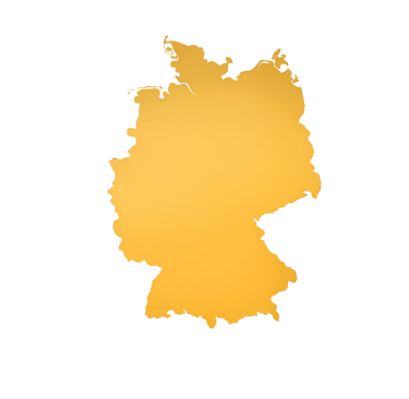 A golden yellow silhouette map of Germany isolated on a solid black background.