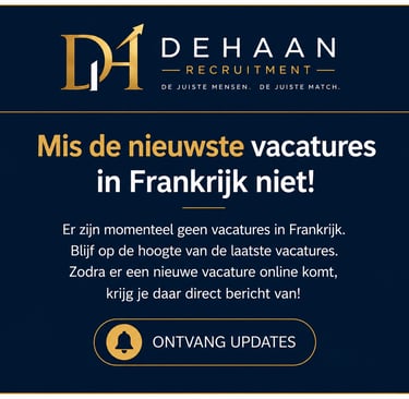 DeHaan Recruitment notification for job vacancies in France with a button to receive updates.