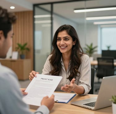 A professional real estate agent handing over keys to a happy client inside a bright, stylish office.