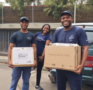 Volunteers handing out meals at a local feeding program event on a sunny afternoon.