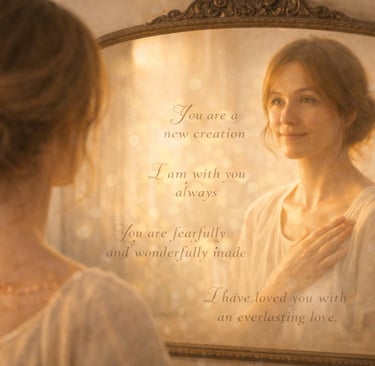 A woman looks in an ornate mirror featuring inspirational religious quotes about being fearfully and wonderfully made.