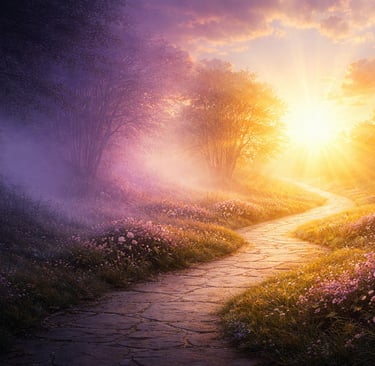 A stone path winds through a misty garden with purple flowers under a glowing sunrise.