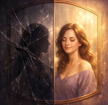 Cracked mirror reflecting darkness transforming into whole clear mirror reflecting golden light, woman's peaceful reflection