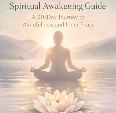 Spiritual Awakening Guide cover featuring a woman meditating on water with a lotus flower for mindfulness.