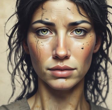 Close-up portrait of a woman with green eyes, messy dark hair, and dirt on her face looking serious.