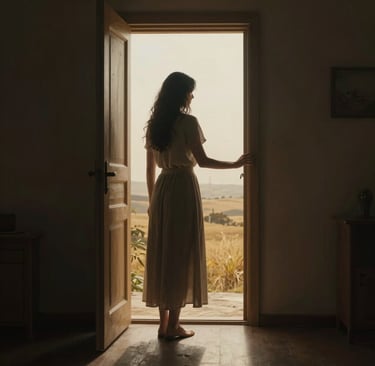 A woman in a vintage dress stands in a doorway looking out at a scenic countryside landscape.
