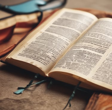 Close-up of an open ancient book with script text and blue ribbon bookmarks on a rustic table.