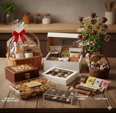 variety of luxury dry fruit and choclate gift hampers for corporate occasions