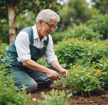 Elderly woman vacuuming a colorful living room floor.