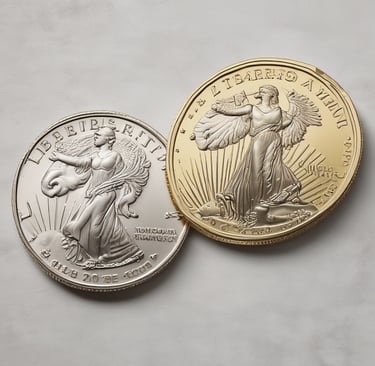 Several ornate gold rings displayed on stands