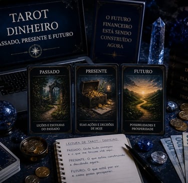 Cartas de tarot online revelando previsões sobre dinheiro para o passado, presente e futuro.