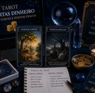 Jogo de Tarot online grátis com duas cartas para revelar pontos fortes e fracos na vida financeira