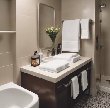 Stack of fluffy white towels with a hint of natural sunlight highlighting their texture.