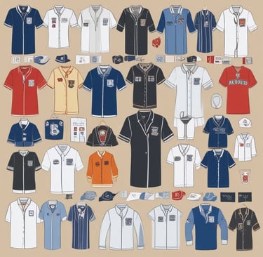 A neatly arranged display of school, corporate, and hospital uniforms on mannequins.