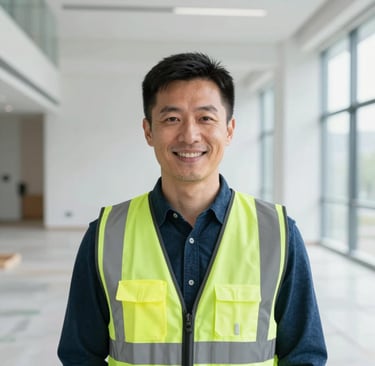 Portrait of a satisfied middle-aged man in a warehouse setting, smiling confidently.