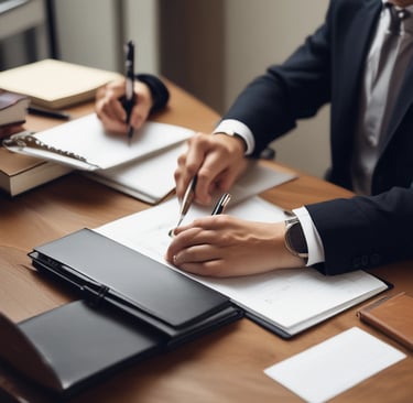 Professional lawyer consulting with client in modern office setting