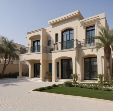 Modern two-story house with a spacious front yard and large windows under a clear sky.