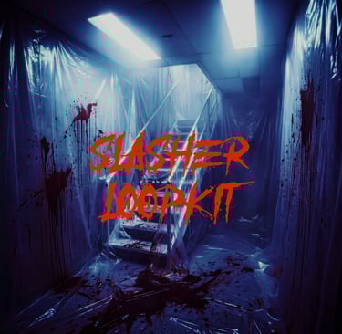 Slasher Loop Kit cover art featuring a dark, bloody hallway wrapped in plastic for horror music production.
