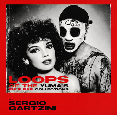Black and white pulp rap cover for Loops of the Yuma by Sergio Gartzini featuring a masked figure and a woman.