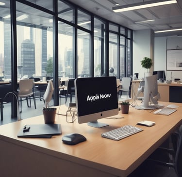 A welcoming office space with a desk, laptop, and a plant, inviting candidates to join the team.