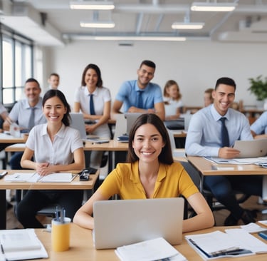 A professional, warm interview setting with happy people engaged in conversation, featuring clean lines and a muted palette of black, white, grey, and sage green accents.