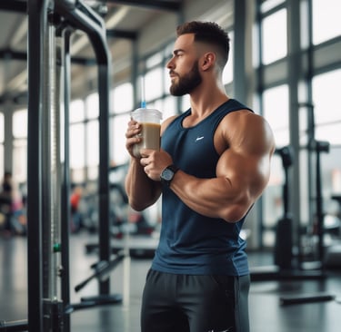 a jar of protein powder next to a scoop of powder