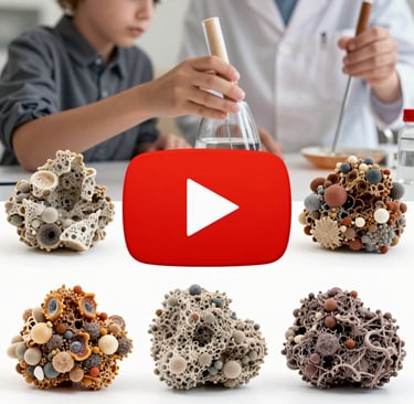 A chemistry student performs a science experiment next to complex 3D molecular structures and a YouTube play button.