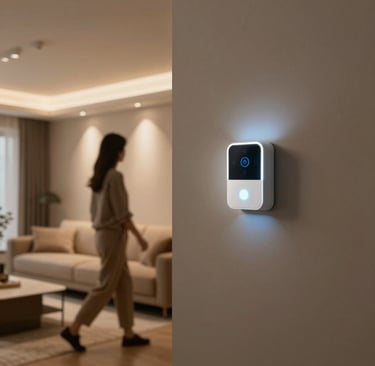 A sleek black and gold smart home gadget glowing softly on a modern wooden table.