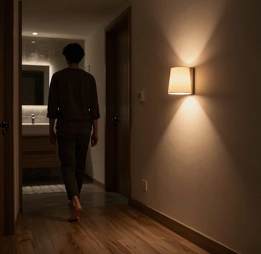 A sleek black and gold smart home gadget glowing softly on a modern wooden table.