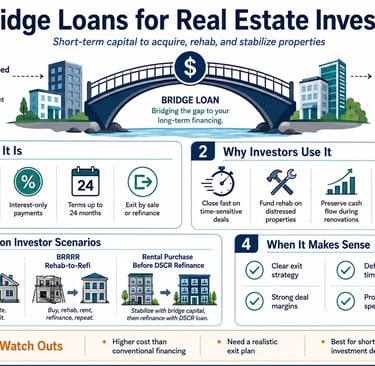 Infographic explaining bridge loans for real estate investors including benefits, scenarios, and watch outs.