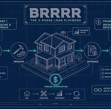 A detailed BRRRR real estate investment strategy diagram showing the phases of buy, renovate, refinance, and repeat.