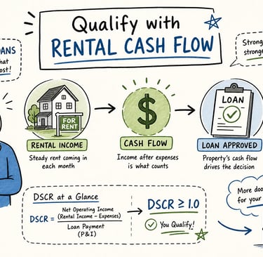 Illustrated guide explaining DSCR loans and how to qualify for financing using rental property cash flow.