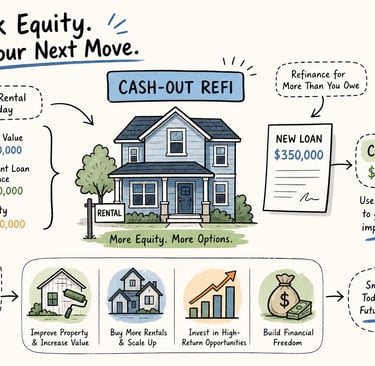 Infographic explaining cash-out refinancing to unlock home equity for real estate investment and property improvements.