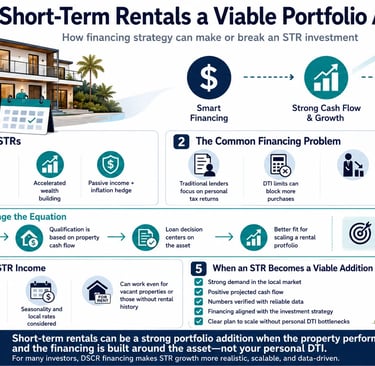 Infographic explaining short-term rental investment strategies, DSCR loans, and financing for real estate portfolios.
