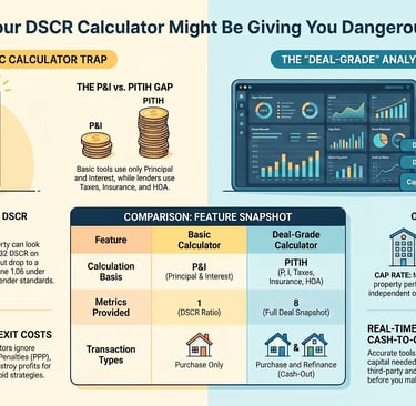 Infographic comparing basic DSCR calculators to deal-grade analysis for real estate investment loans.