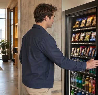 Person using a smartphone to make a contactless payment at a modern snack and drink vending machine in Nashville