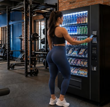 Female fitness influencer using a healthy vending machine inside a modern Nashville gym