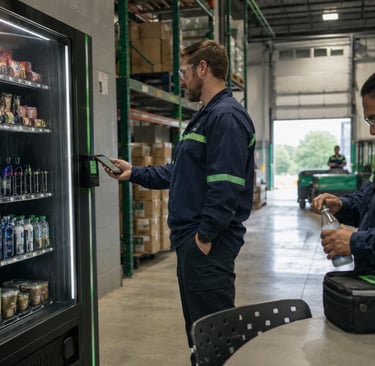 Manufacturing employees using a modern snack and drink vending machine inside a Nashville warehouse