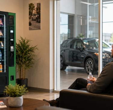 Modern snack and drink vending machine in a Nashville auto dealership customer waiting area.