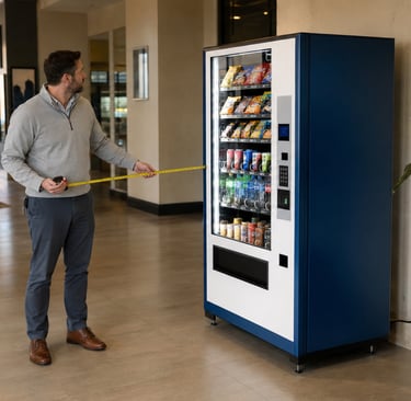 Property manager measuring clearance space for a blue-and-white vending machine in a Nashville apartment lobby.