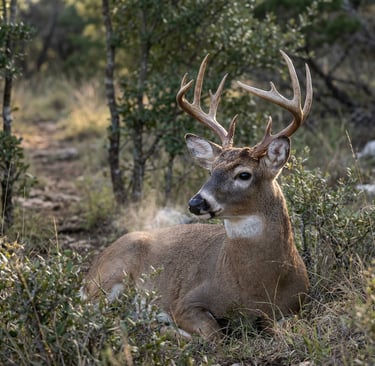 A majestic white-tailed buck with large antlers resting in a grassy forest clearing.