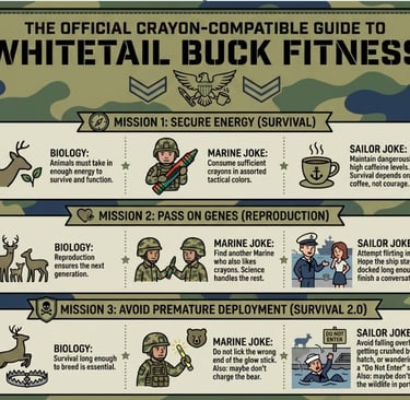 Humorous infographic guide to whitetail buck fitness comparing deer biology with military marine and sailor jokes.
