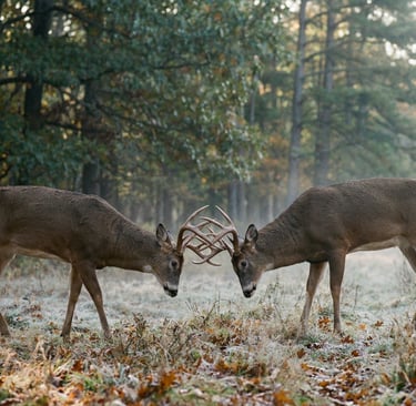 Two white-tailed buck deer clashing antlers in a misty forest during the autumn rut.